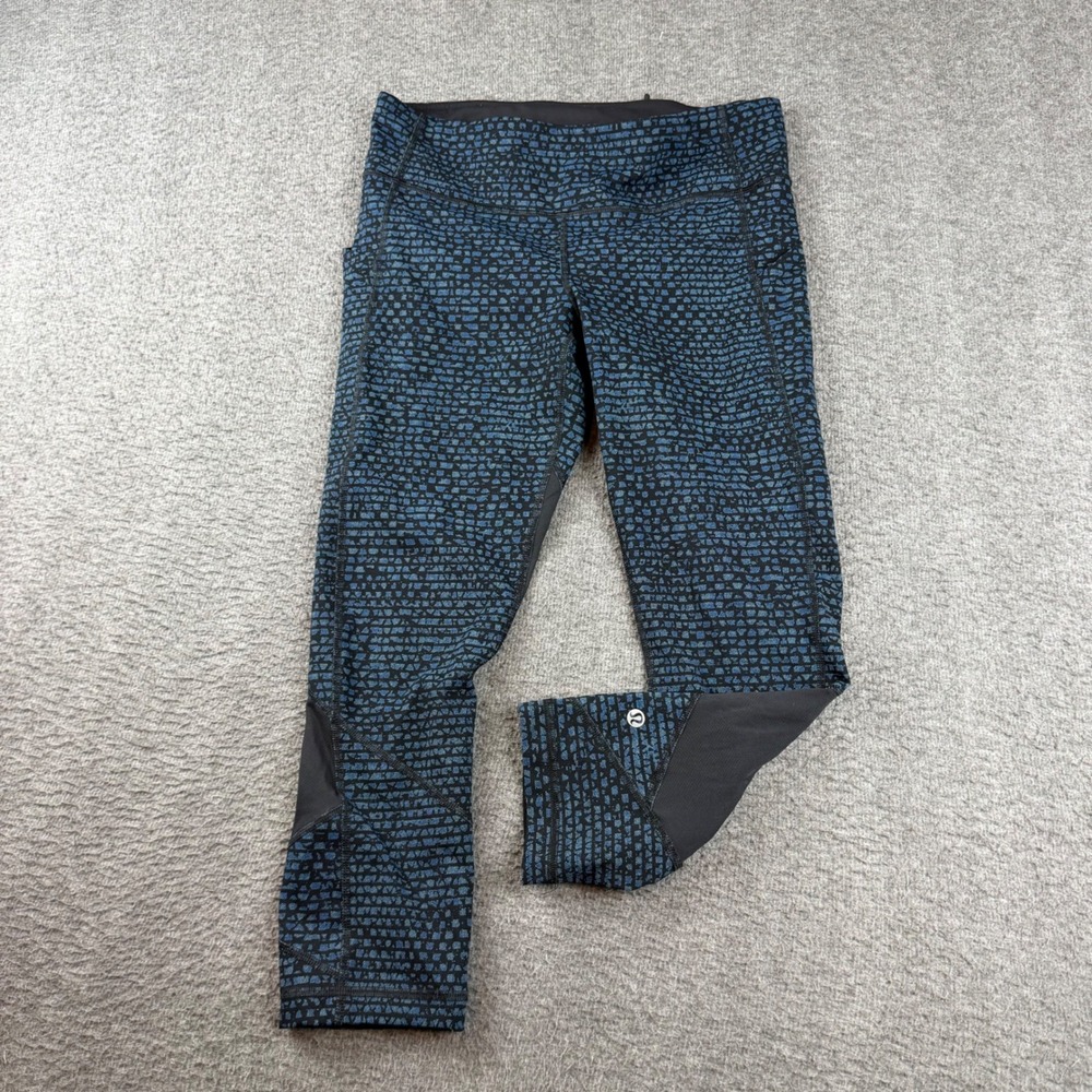 Lululemon Crop Leggings Women's 8 Blue Black Mosaic Print Mesh Panel Pockets
